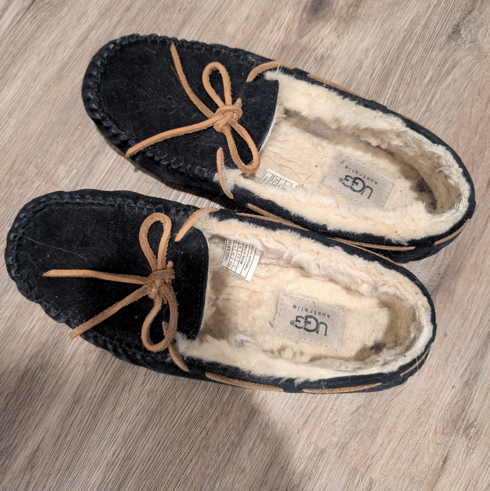 UGG Black Moccasin Slippers with Tan Laces